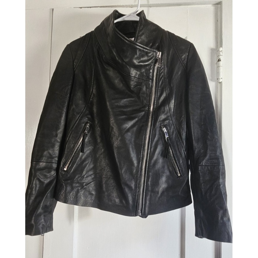 MANGO 100% sheep Leather jacket crossover zip front /‎ back /cuffs US small soft